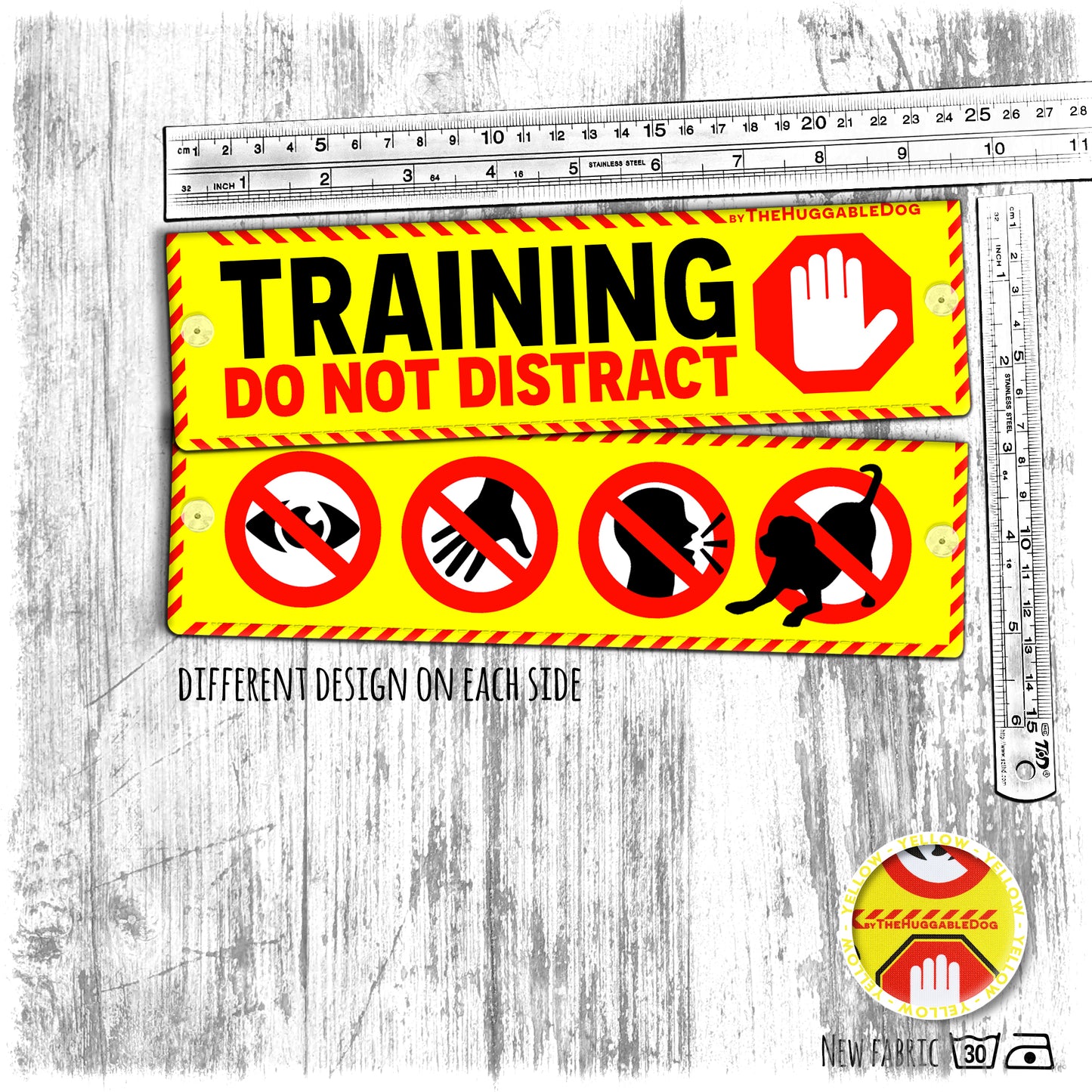 "Training, do not distract", plus signs on the other side. Dog training Leash sleeves.