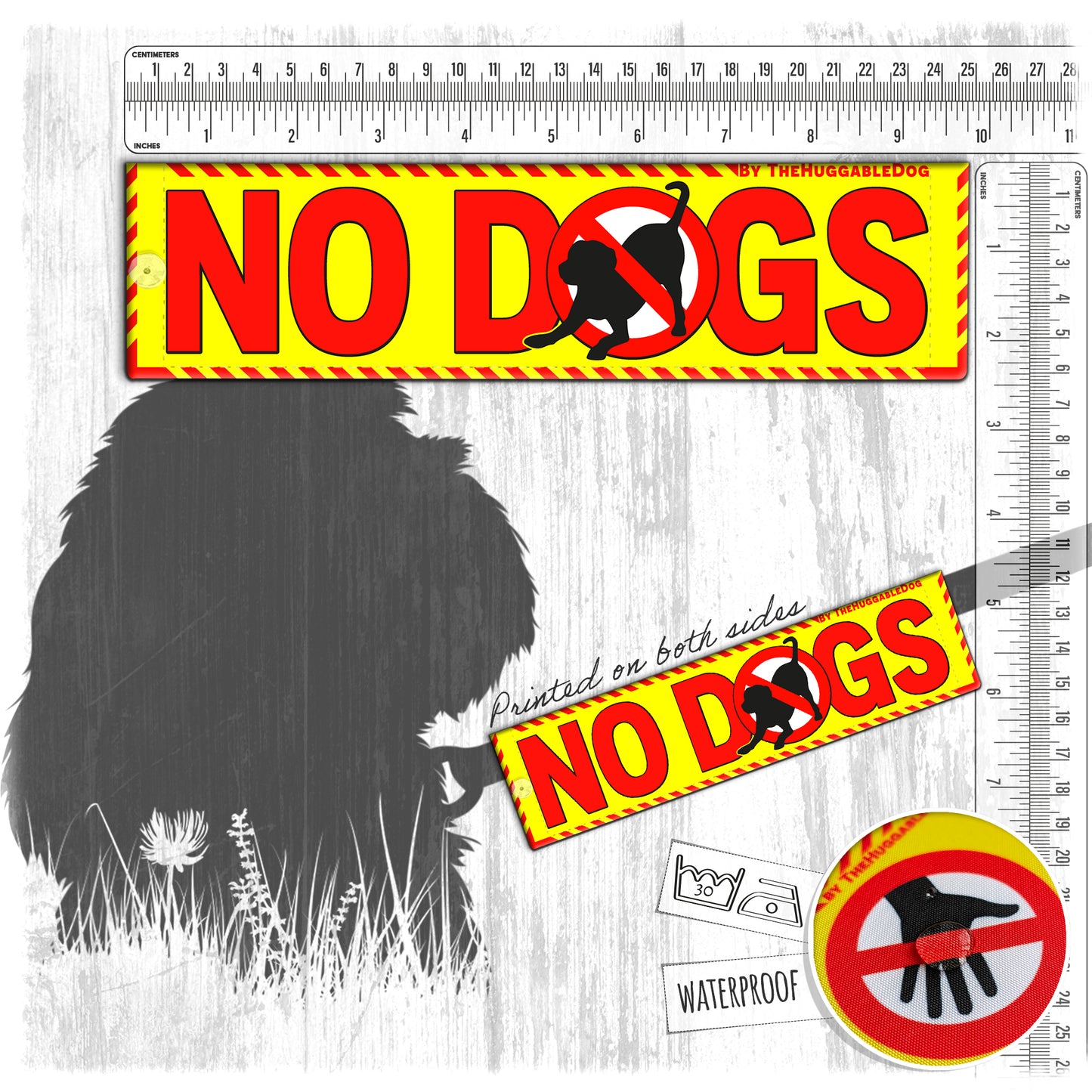 01-"NO DOGS". Warning leash sleeves for dogs.