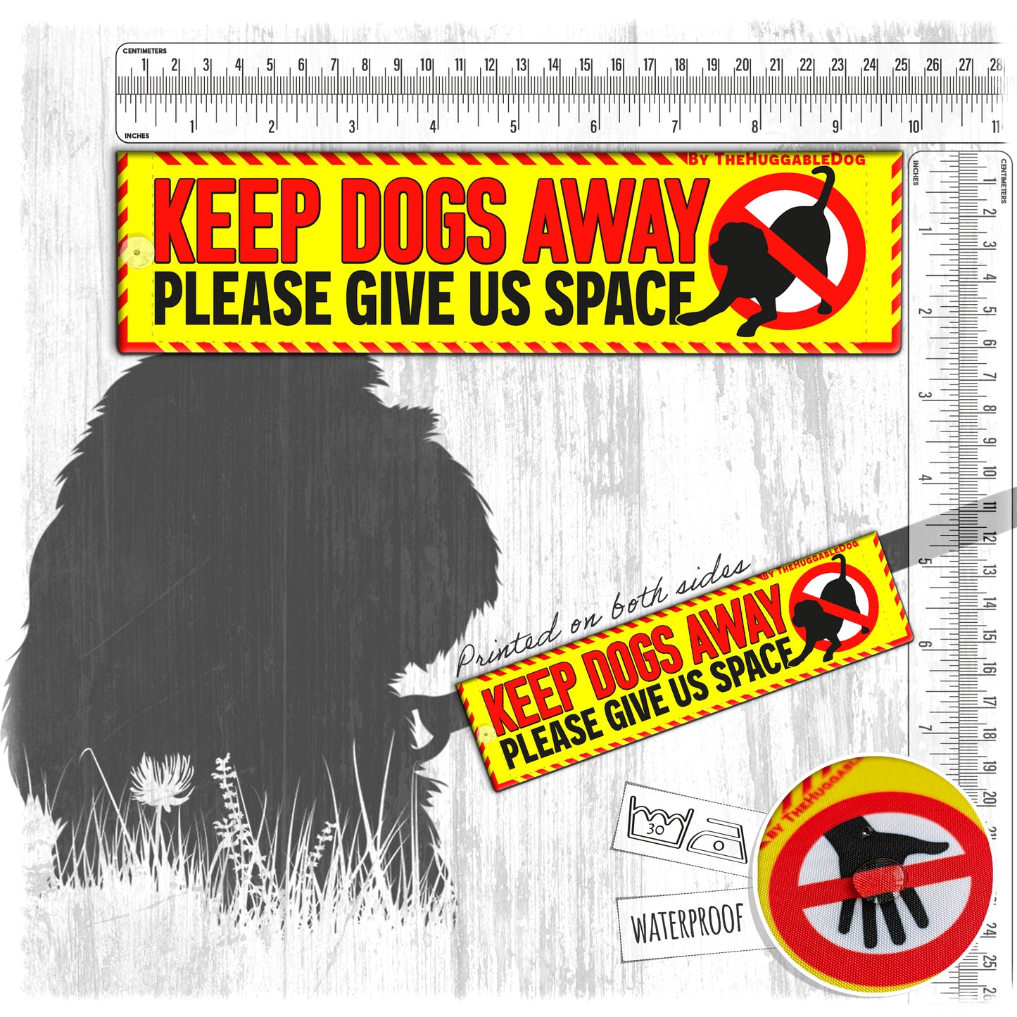 03-"Keep DOGS AWAY, please give us space". Warning leash sleeves.