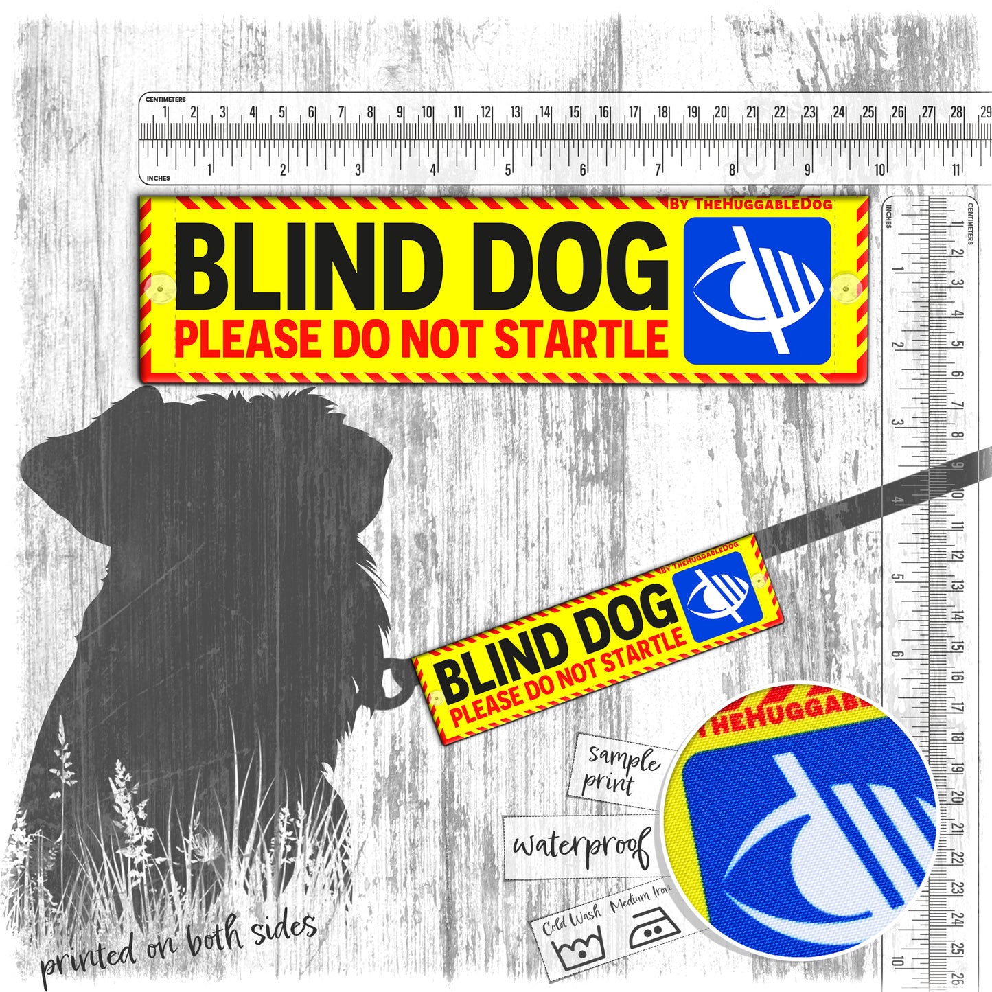 "BLIND DOG, please do not startle". Warning leash sleeves for dog training.
