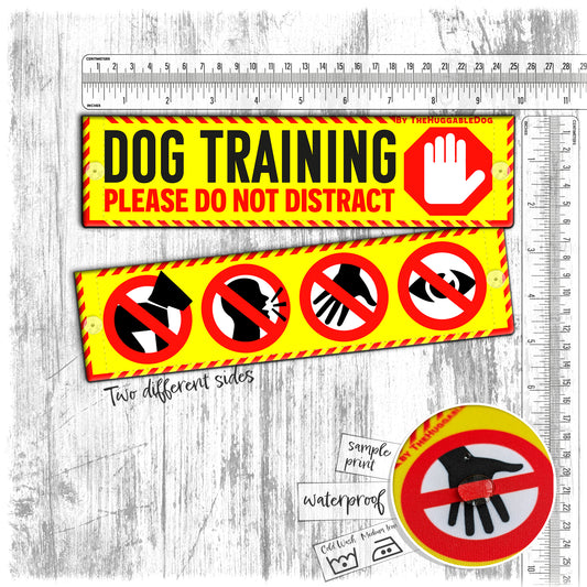 "DOG IN TRAINING, please do not distract". Plus sings. Warning leash sleeves for dog training.