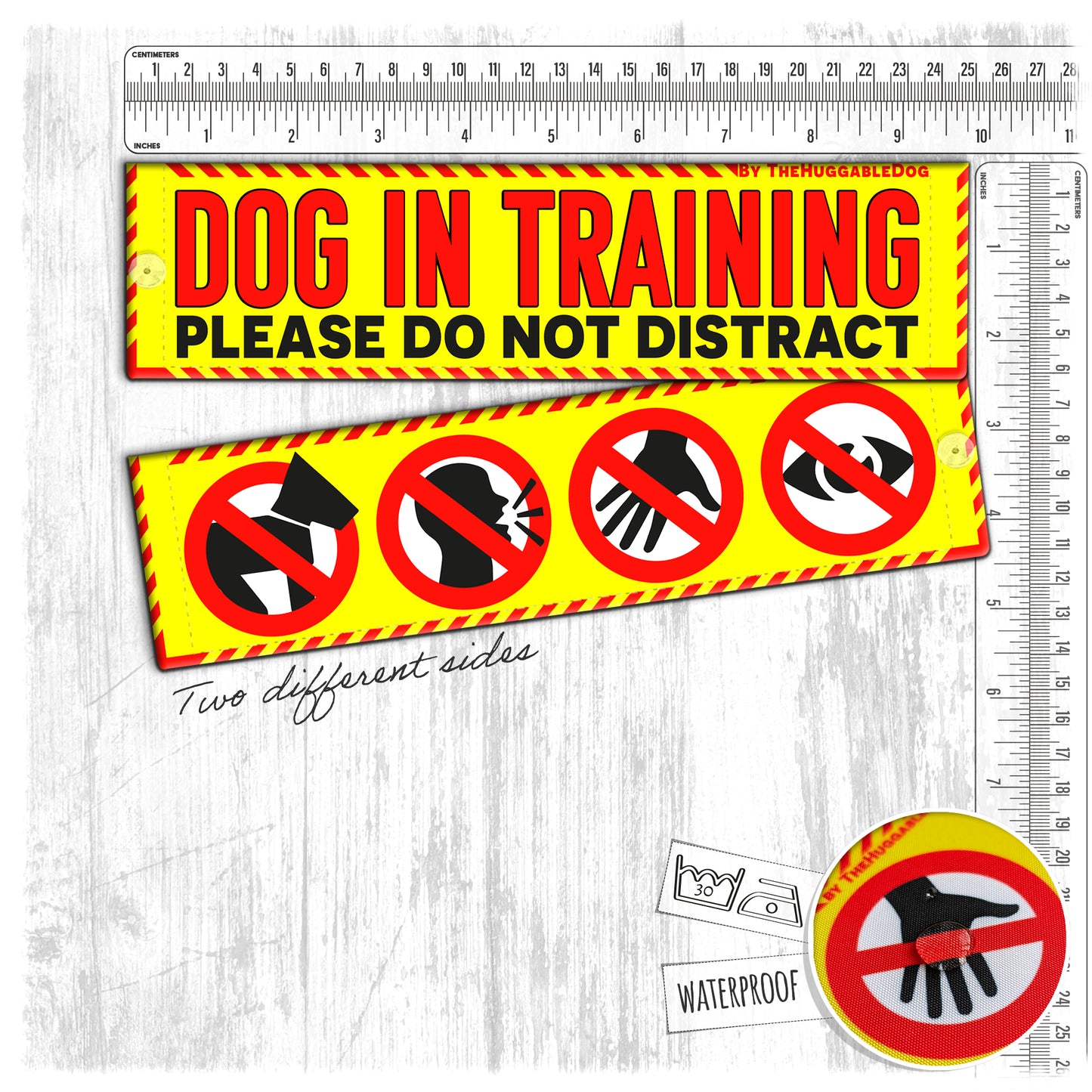 13-"Dog In TRAINING, please do not distract". Warning leash sleeves.