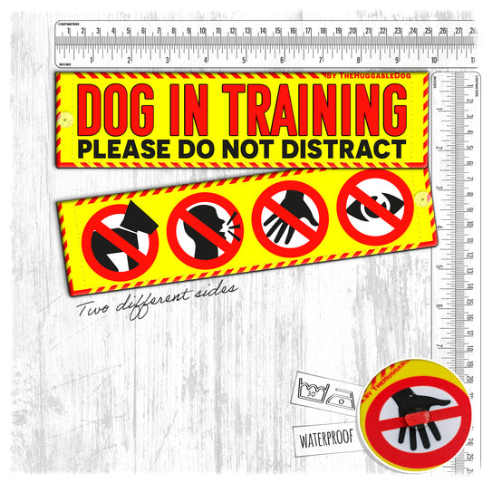 13-"Dog In TRAINING, please do not distract". Warning leash sleeves.