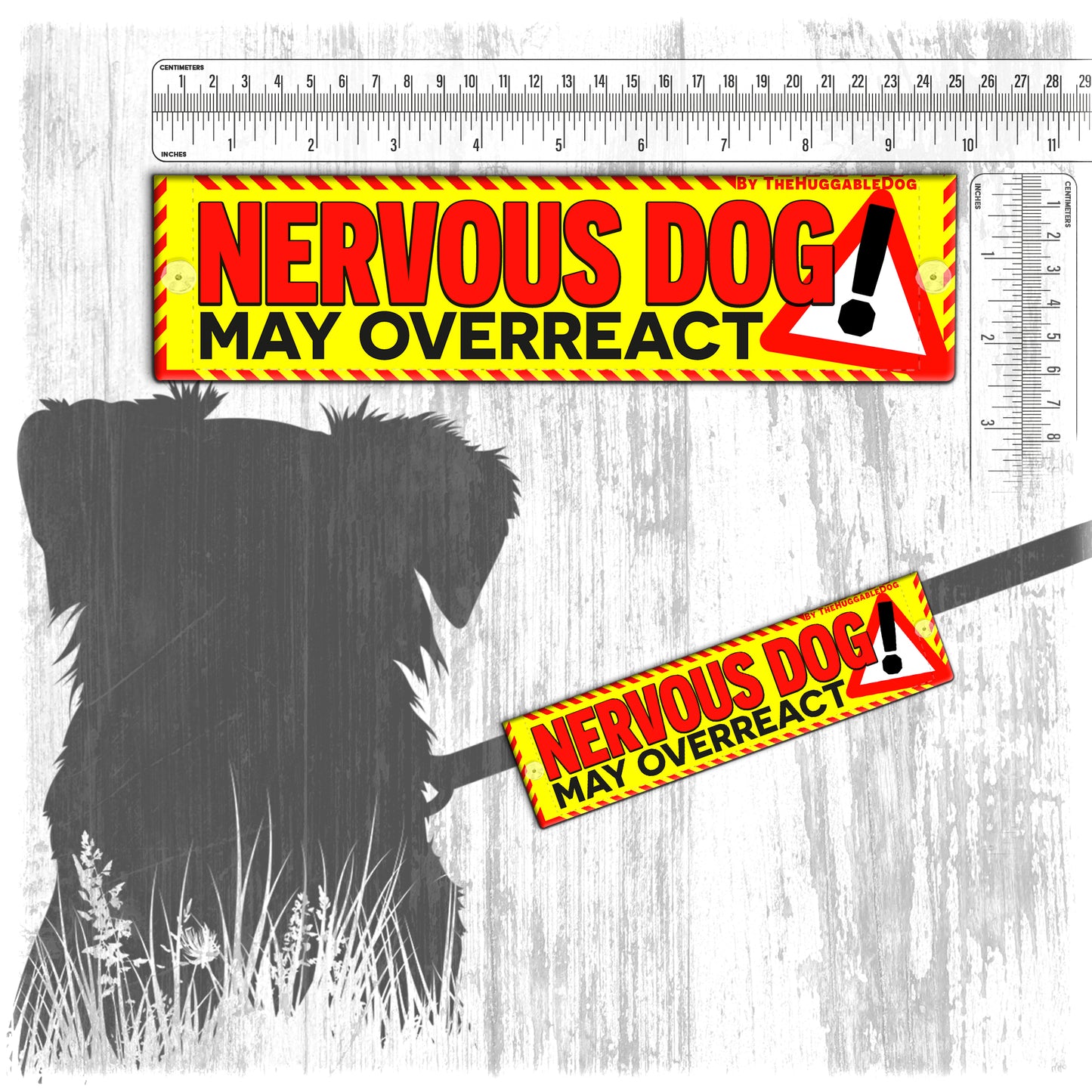 "NERVOUS DOG, may overreact". Warning leash sleeves.
