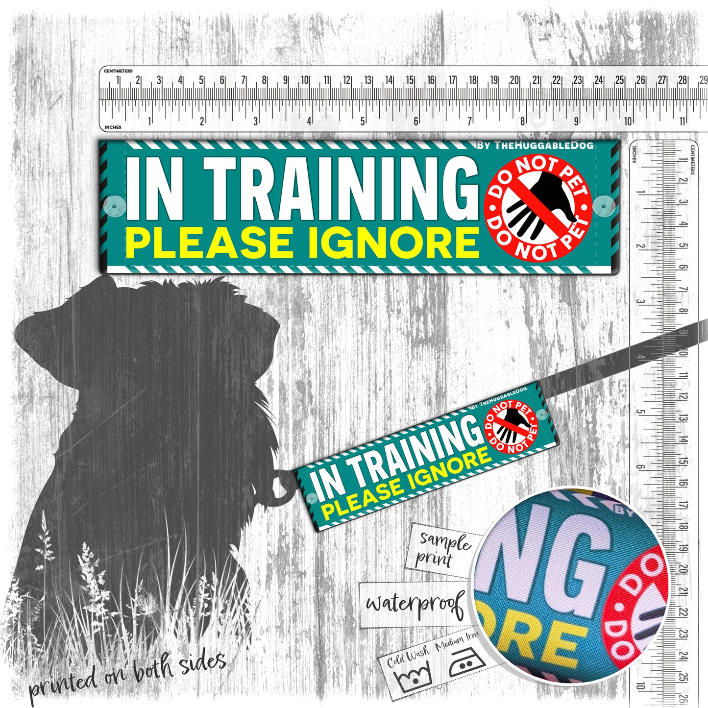 "In Training, please ignore". Do not Pet. Leash sleeves.