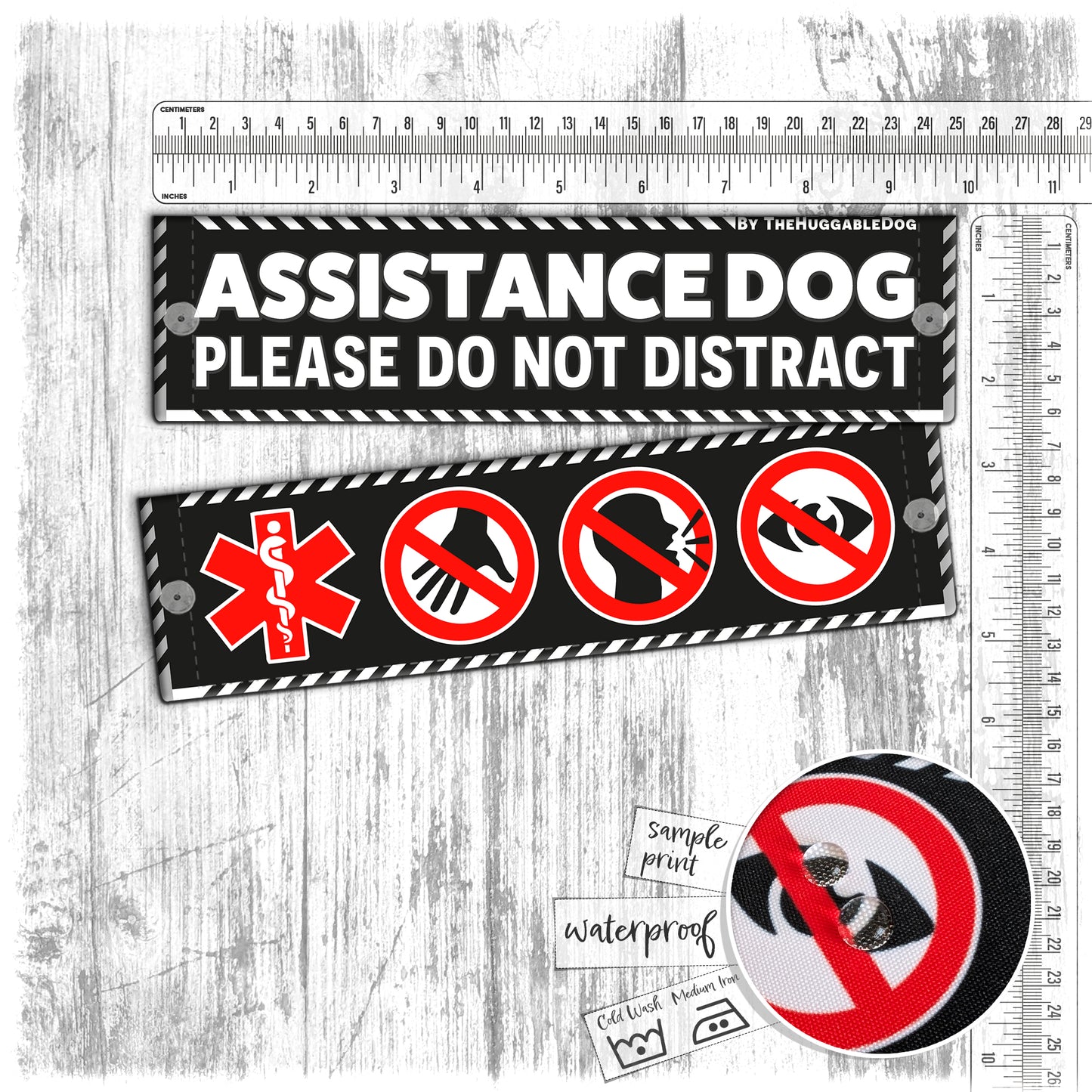 53. "ASSISTANCE DOG, please do not distract". Plus signs on the other side. Leash sleeves.