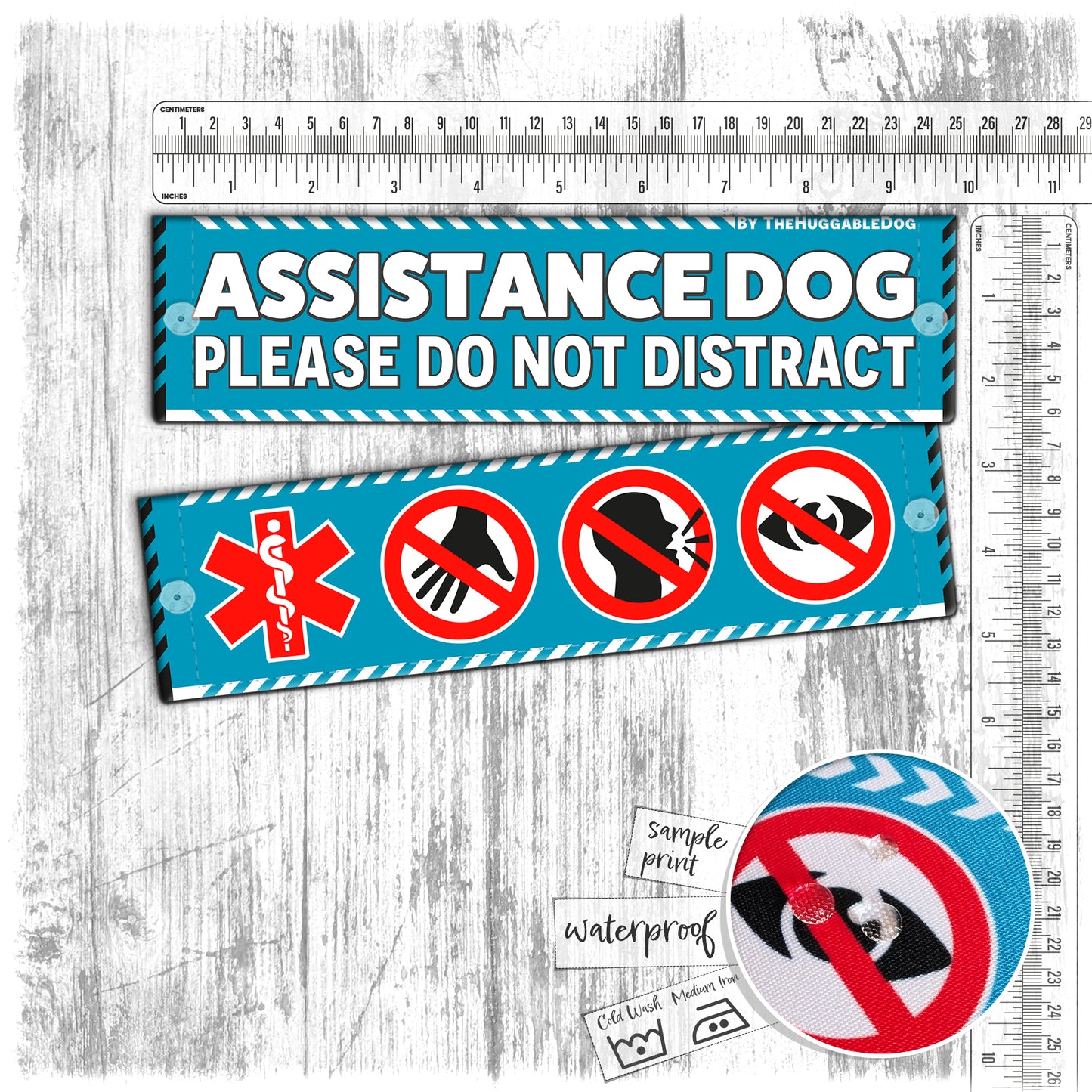 53. "ASSISTANCE DOG, please do not distract". Plus signs on the other side. Leash sleeves.
