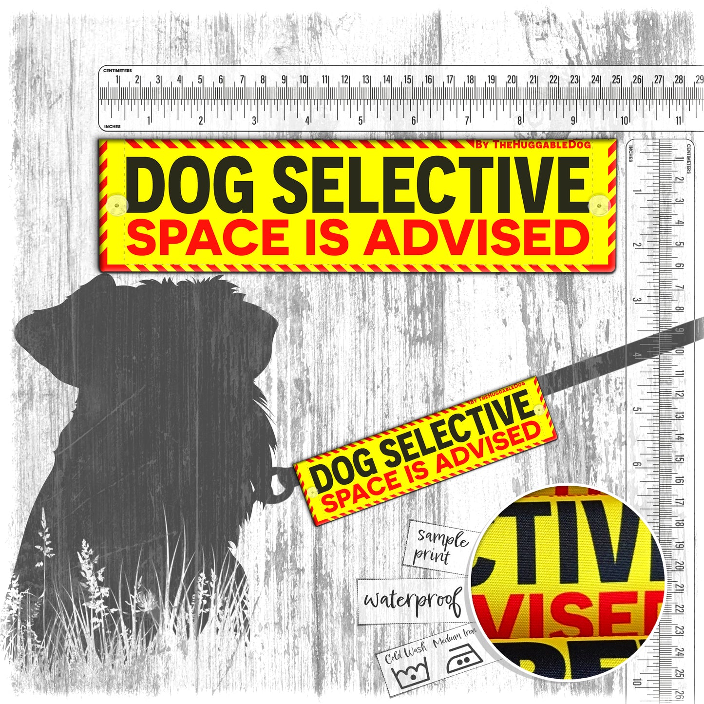 43. "DOG SELECTIVE, space is advised". Warning leash sleeves for dog training.