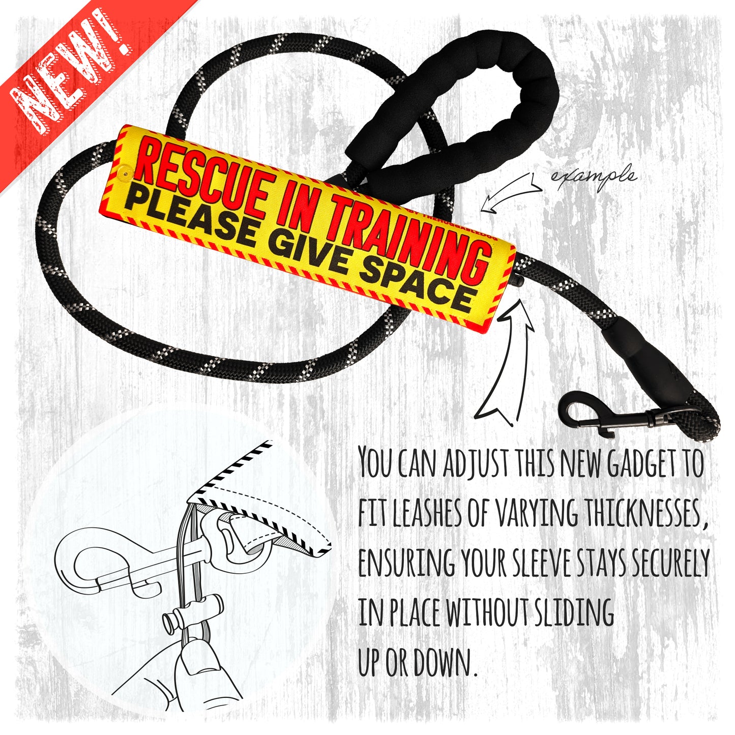 04-"NO DOGS please, may overreact". Warning leash sleeves.