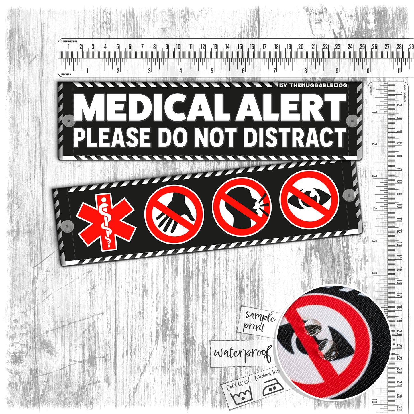 54. "MEDICAL ALERT, please do not distract". Plus signs on the other side. Leash sleeves.