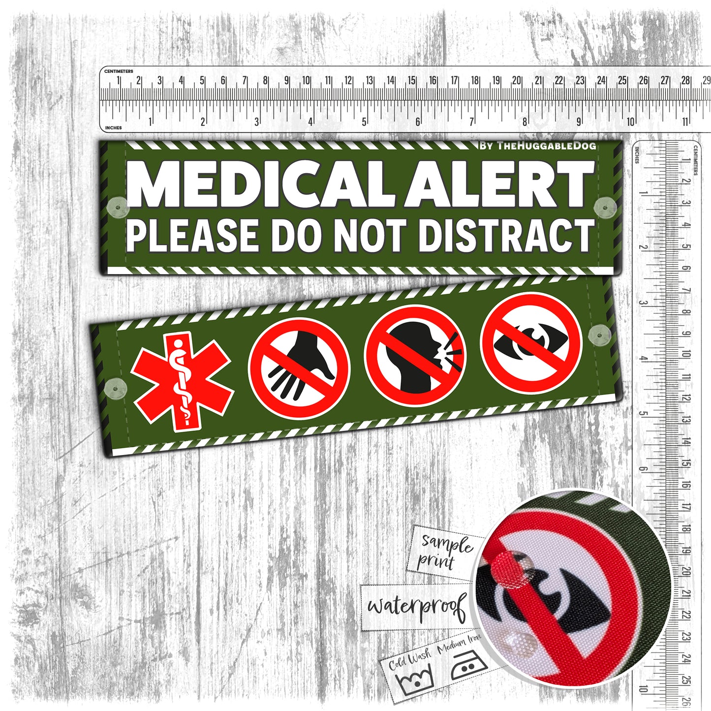 54. "MEDICAL ALERT, please do not distract". Plus signs on the other side. Leash sleeves.