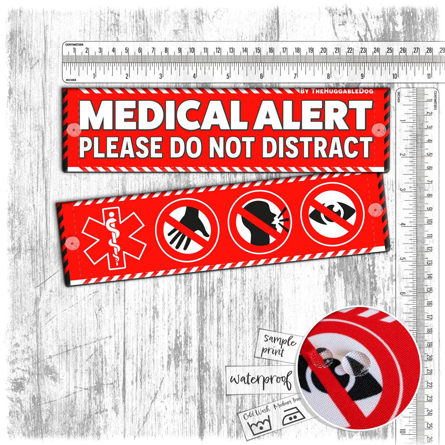 54. "MEDICAL ALERT, please do not distract". Plus signs on the other side. Leash sleeves.