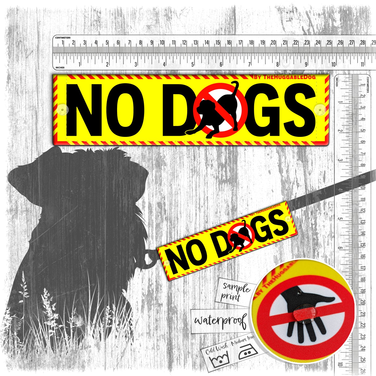 46. "NO DOGS". Warning leash sleeves for dogs.