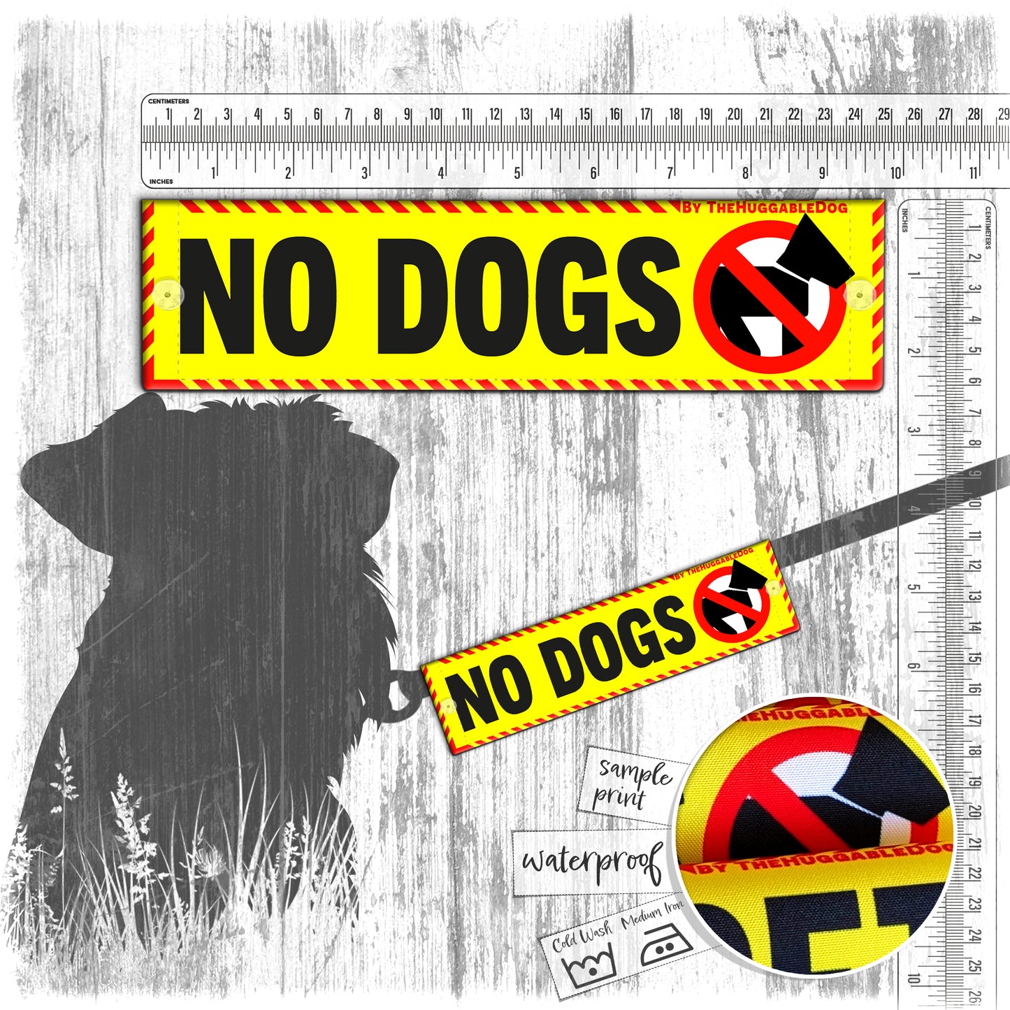 41. "NO DOGS". Warning leash sleeves for dog training.