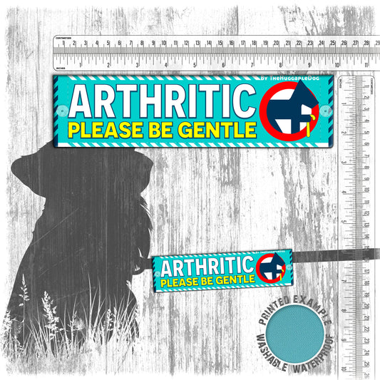 "Arthritic, please be gentle". Warning leash sleeves for dogs.