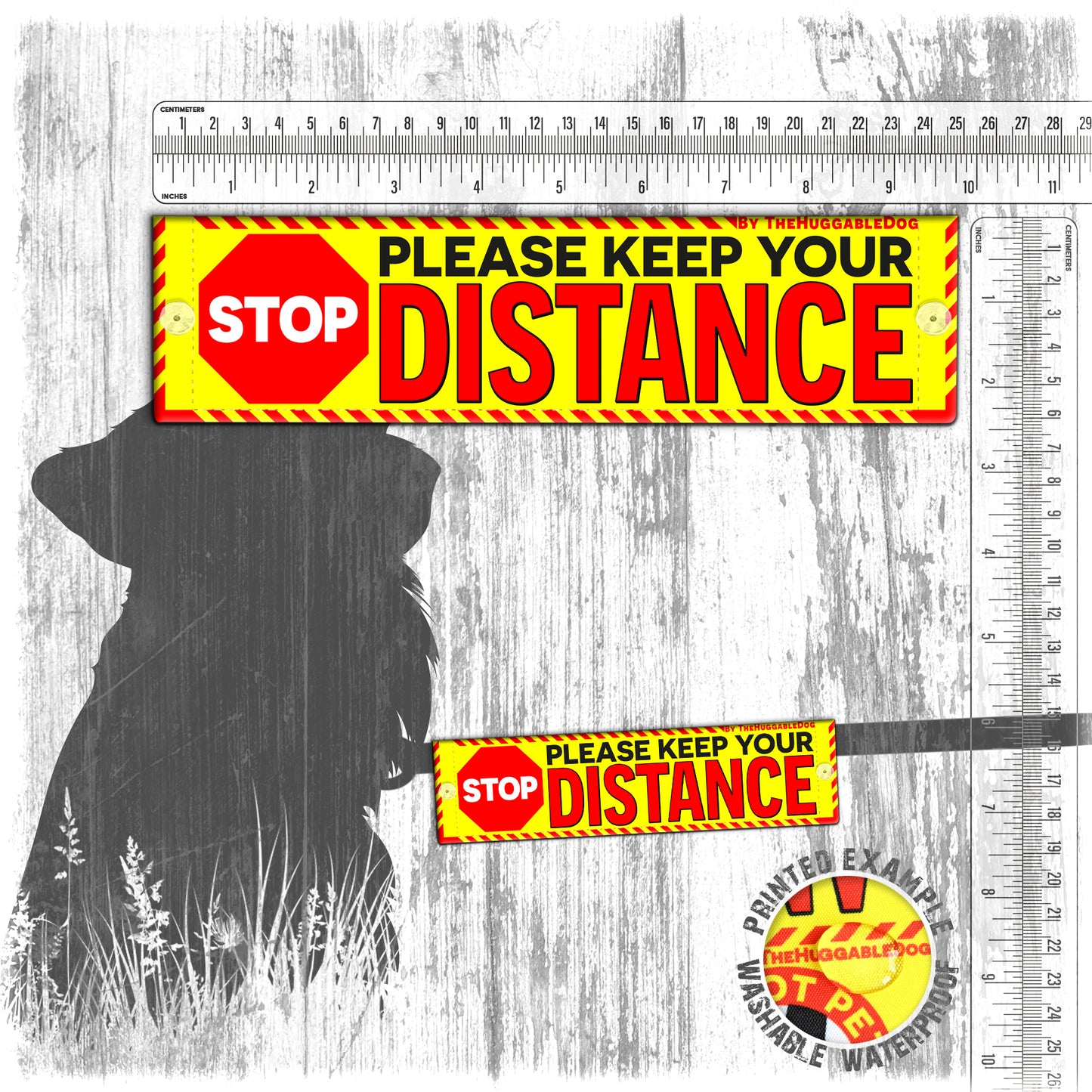 "Please keep your DISTANCE". Warning leash sleeves for dogs.