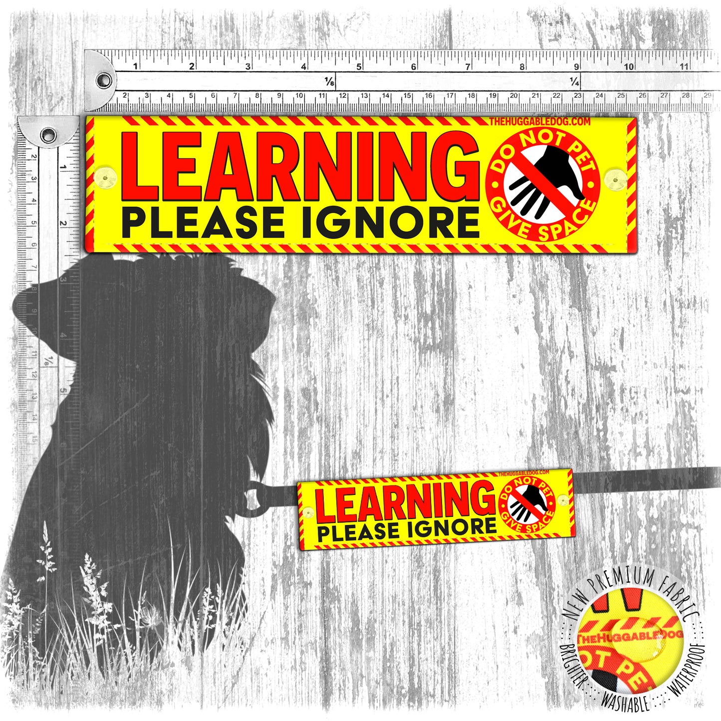 "LEARNING, please IGNORE, do not pet, give space". Warning leash sleeves for dog training.