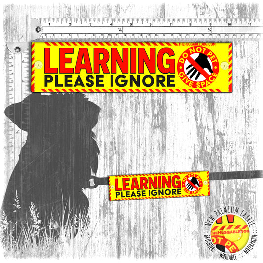 "LEARNING, please IGNORE, do not pet, give space". Warning leash sleeves for dog training.