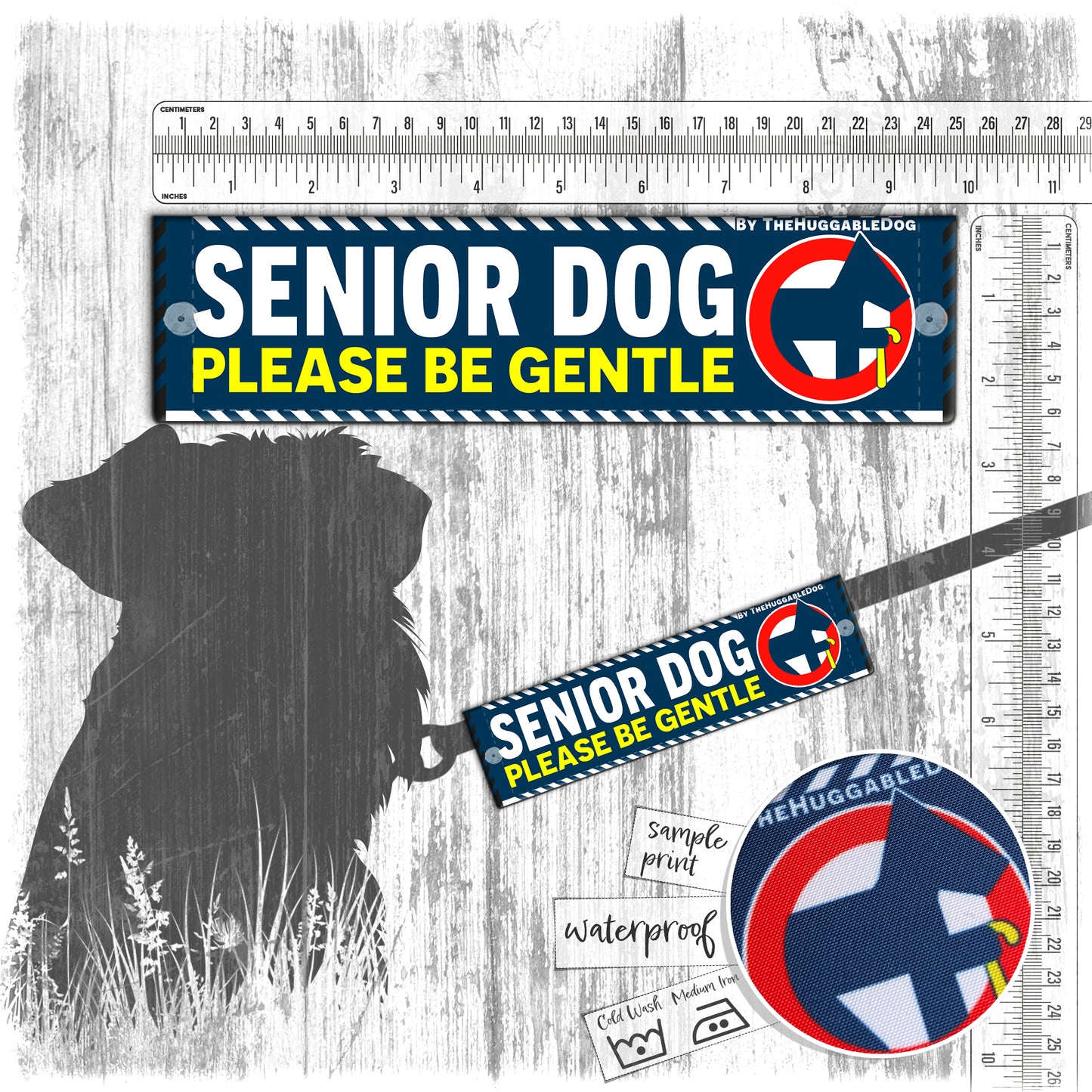 "SENIOR dog, please be gentle". Leash sleeves.