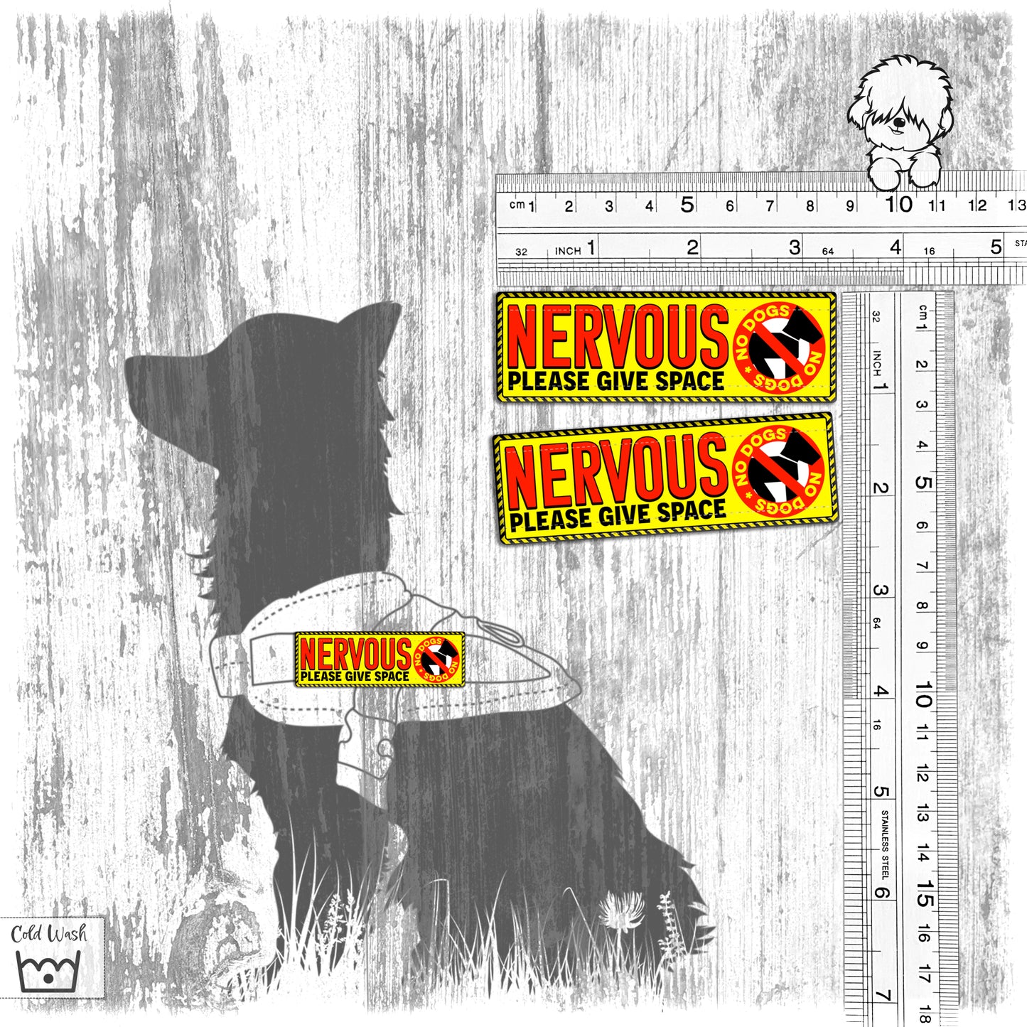 "Nervous, please give space". NO DOGS. Set of TWO teeny-weeny patches.