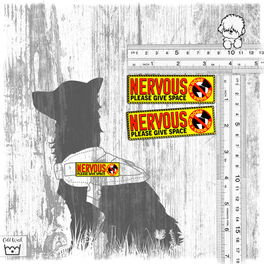 "Nervous, please give space". NO DOGS. Set of TWO teeny-weeny patches.