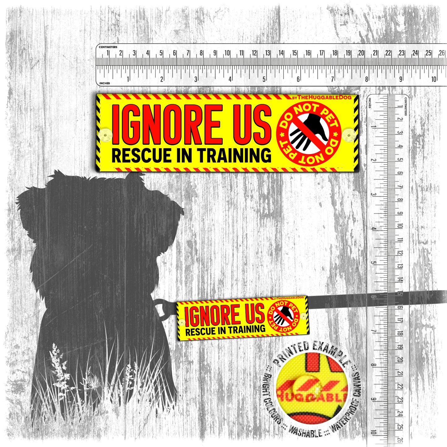 "IGNORE us, rescue in training". Mini warning leash sleeves for dogs.