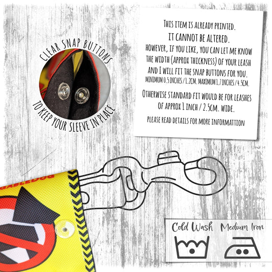 "Dog in TRAINING, please do not approach" plus signs. Leash sleeve for dog training.