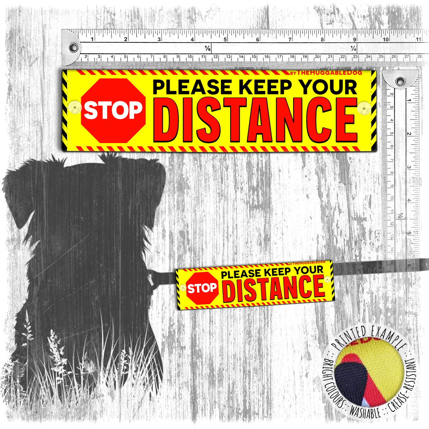 "Please keep your DISTANCE". Warning covers for dogs leashes. Yellow leash sleeves.