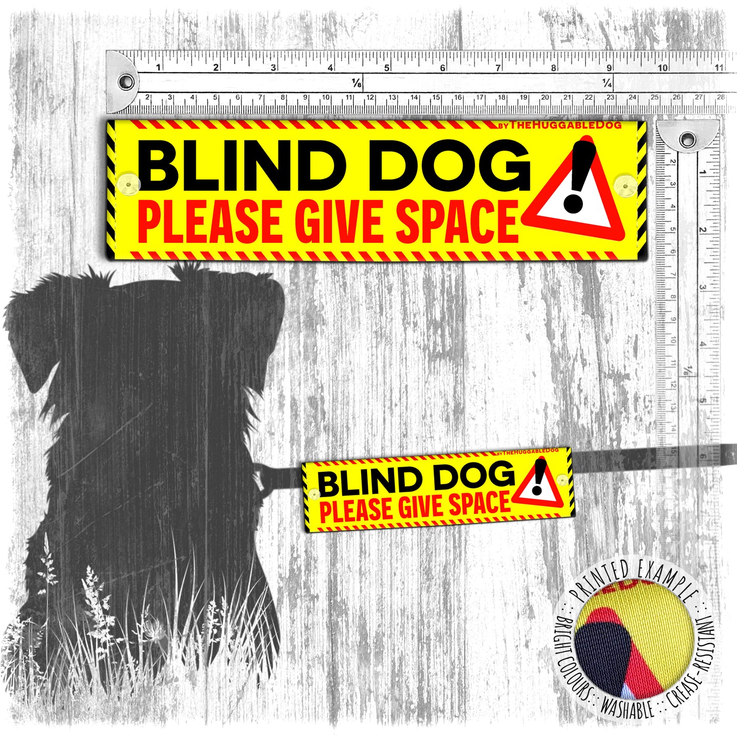 "BLIND DOG, please give space". Warning covers for dogs leashes. Yellow leash sleeves.