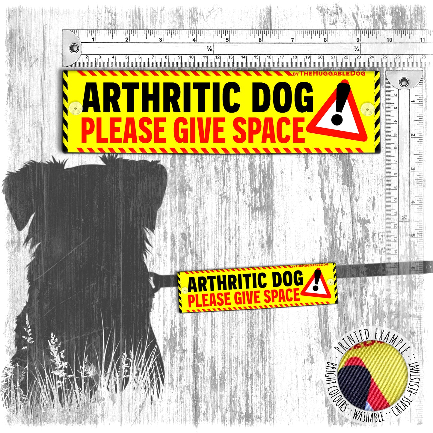 "ARTHRITIC DOG, please give space". Warning covers for dogs leashes. Yellow leash sleeves.