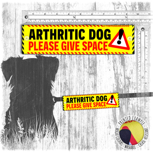 "ARTHRITIC DOG, please give space". Warning covers for dogs leashes. Yellow leash sleeves.