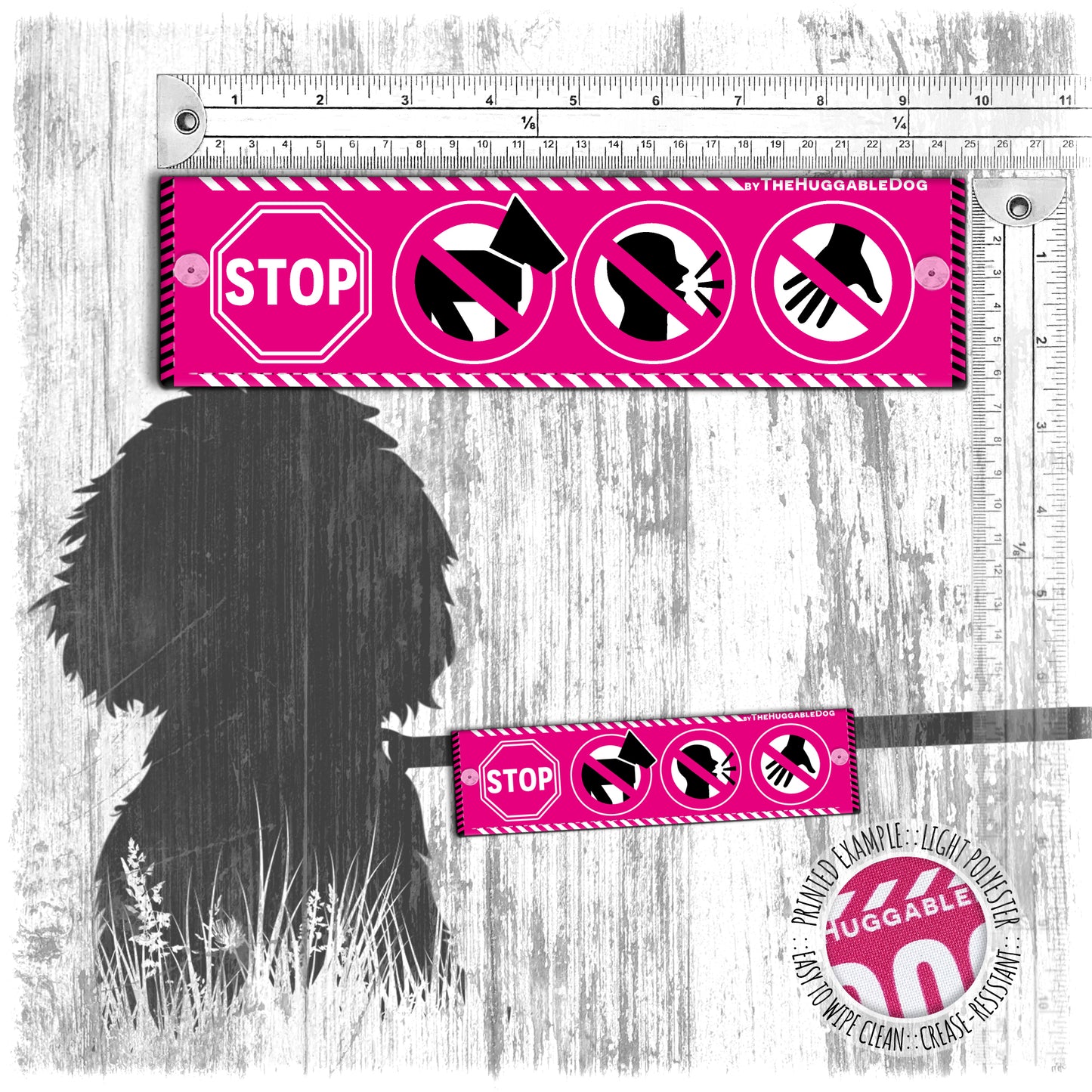 "STOP, no dogs off leash, do not distract, do not pet signs". Leash sleeve for dog TRAINING.