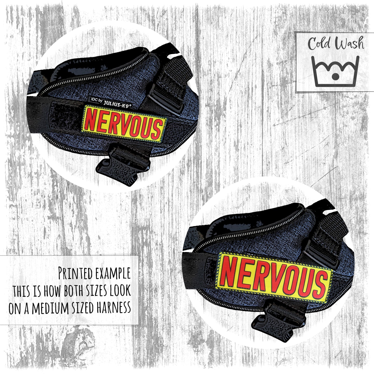 NERVOUS. Patches for dog harnesses. Supplied as a SINGLE item so you can mix and match.