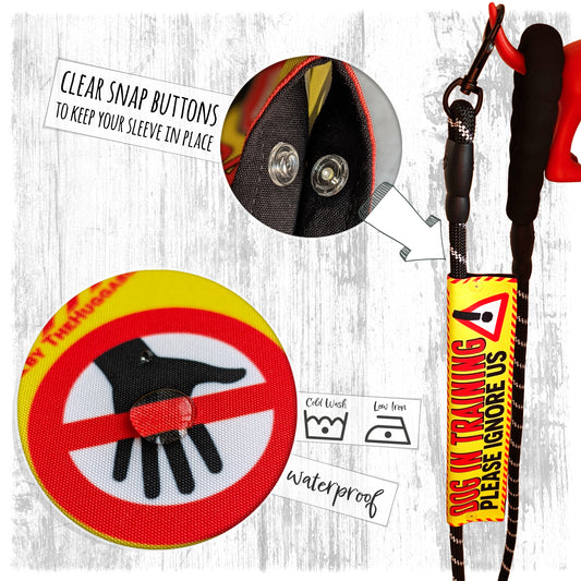 39. "ANXIOUS DOG, please give us space". Warning leash sleeves for dog training.