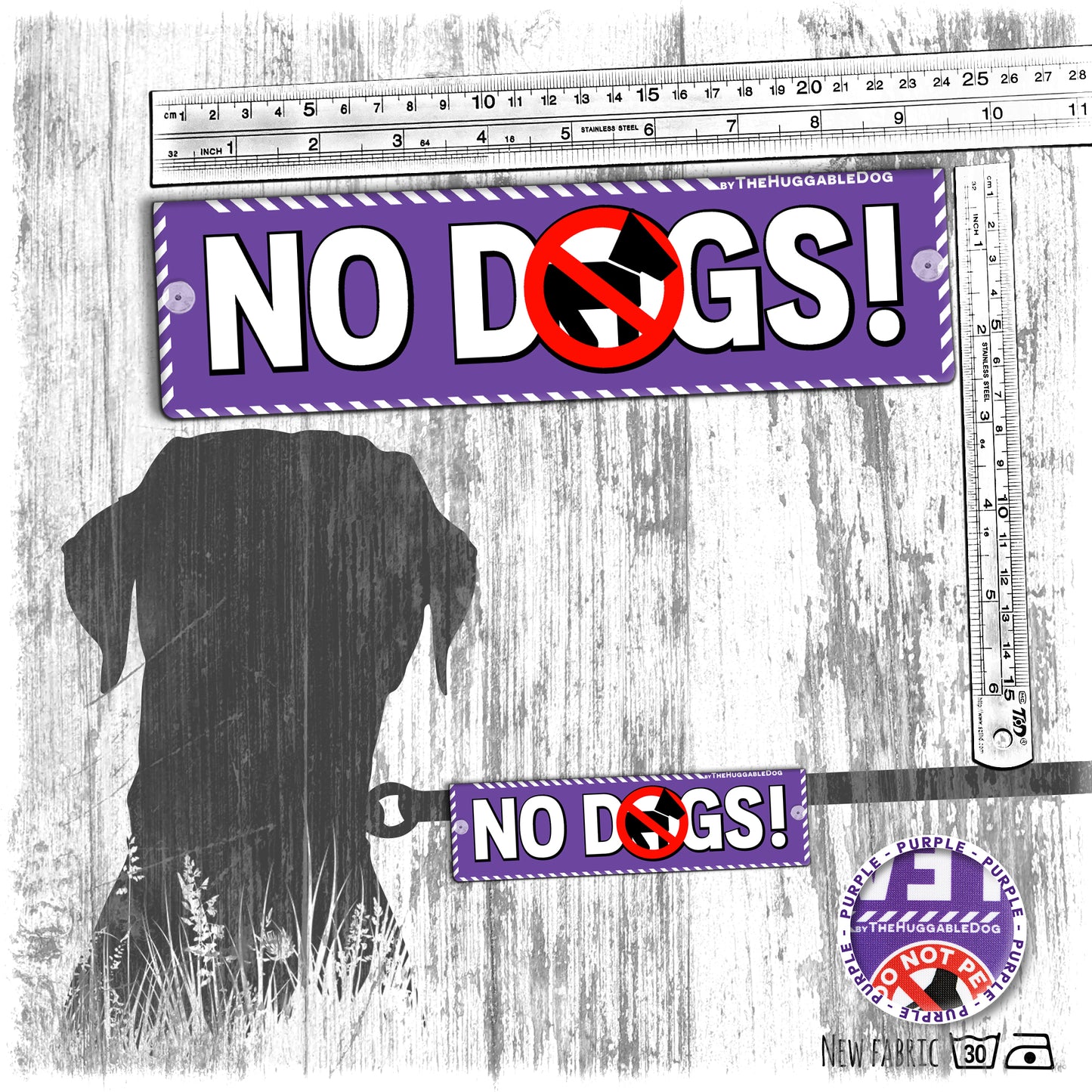 "NO DOGS". Warning leash sleeves for dog training.