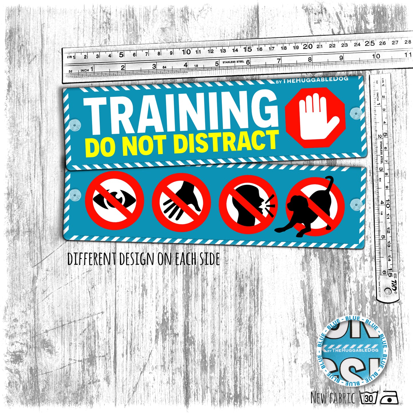 "Training, do not distract", plus signs on the other side. Leash sleeves for dog training.