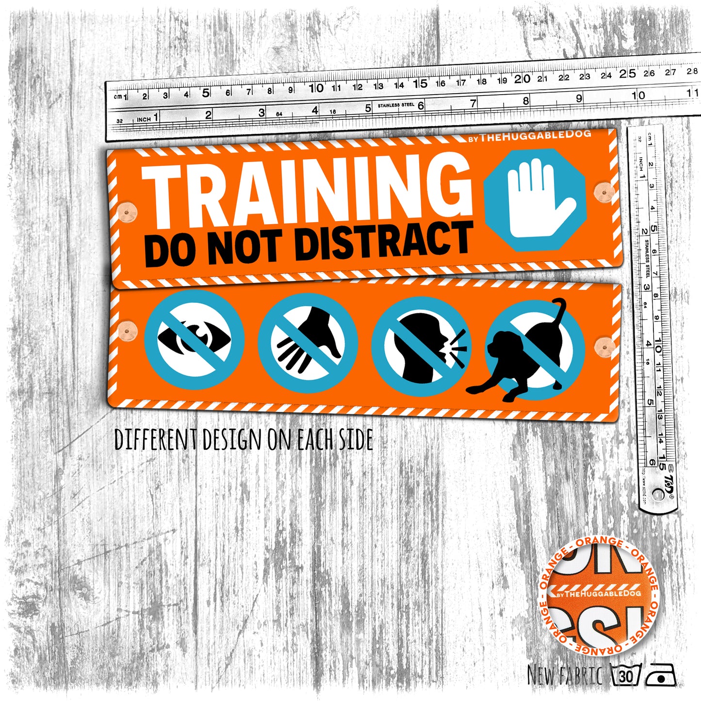 "Training, do not distract", plus signs on the other side. Leash sleeves for dog training.