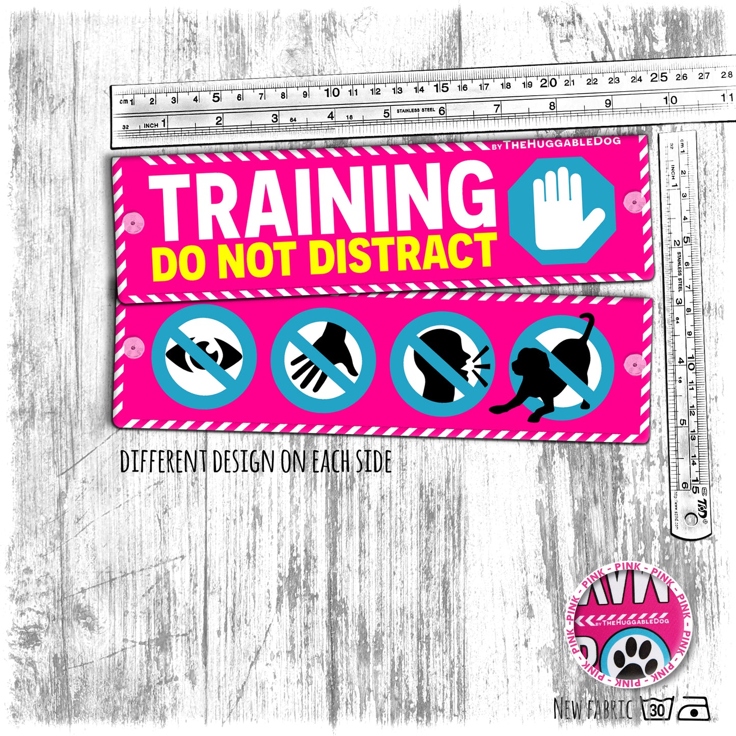 "Training, do not distract", plus signs on the other side. Leash sleeves for dog training.