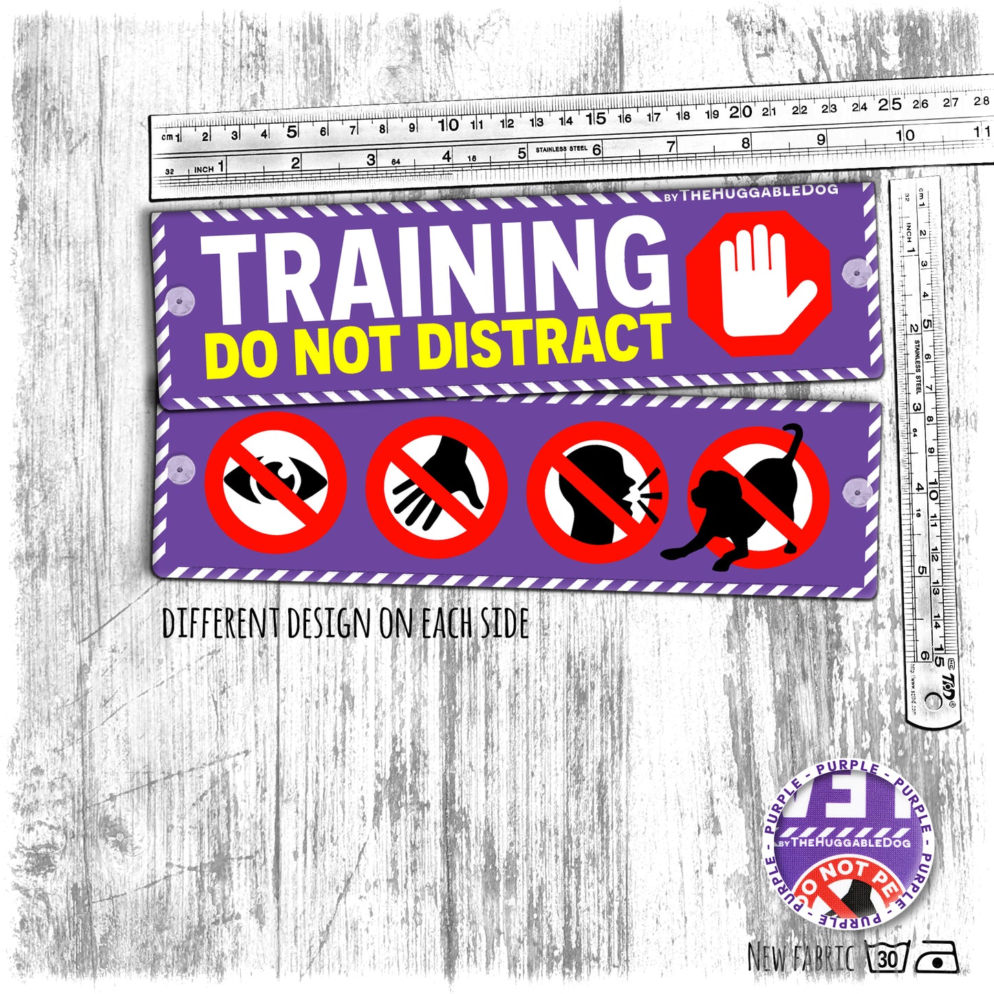 "Training, do not distract", plus signs on the other side. Leash sleeves for dog training.