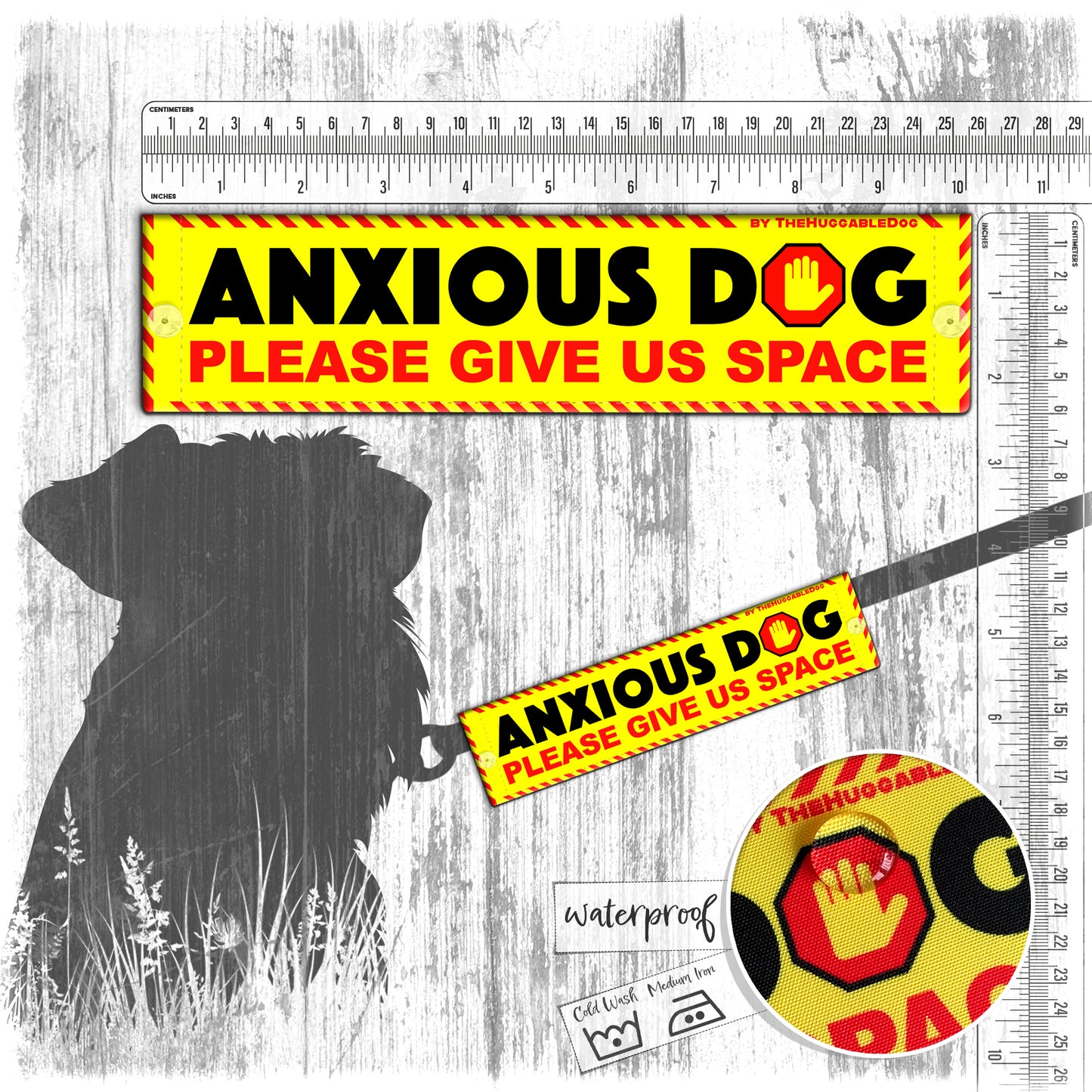 "ANXIOUS DOG, please give us space". Warning leash sleeves for dog training.