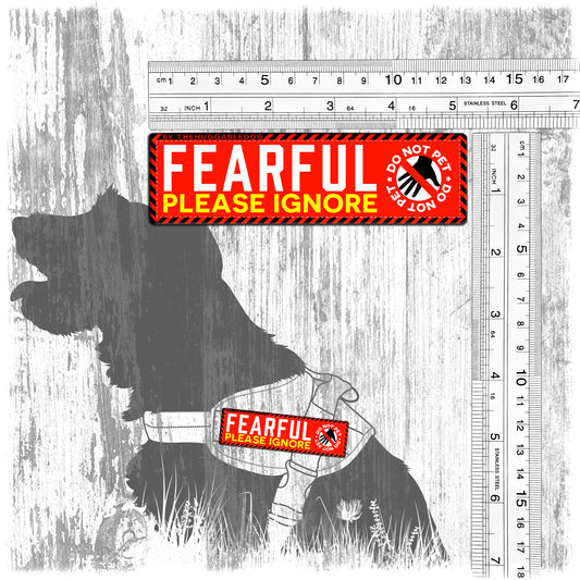 "Fearful, please ignore, do not pet". Patches for dog harnesses. Supplied as a SINGLE item so you can mix and match.