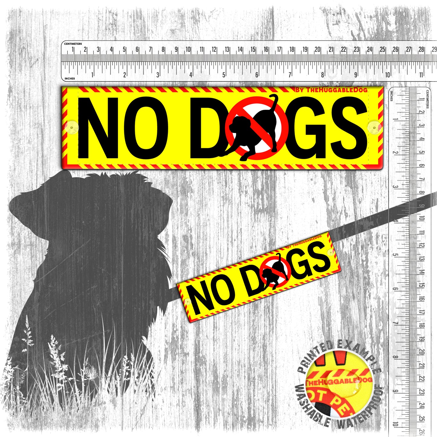 46. "NO DOGS". Warning leash sleeves for dogs.