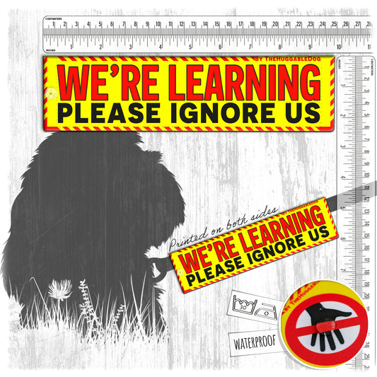 14-"We are LEARNING, please ignore us". Warning leash sleeves.