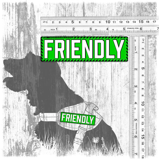 "FRIENDLY". Patches for dog harnesses. Supplied as a SINGLE item so you can mix and match.