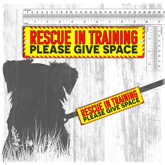 "RESCUE In TRAINING, please give space". Warning leash sleeves.