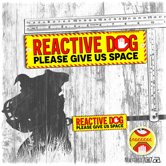 "REACTIVE dog, please give us space". Yellow warning leash sleeves for dogs.