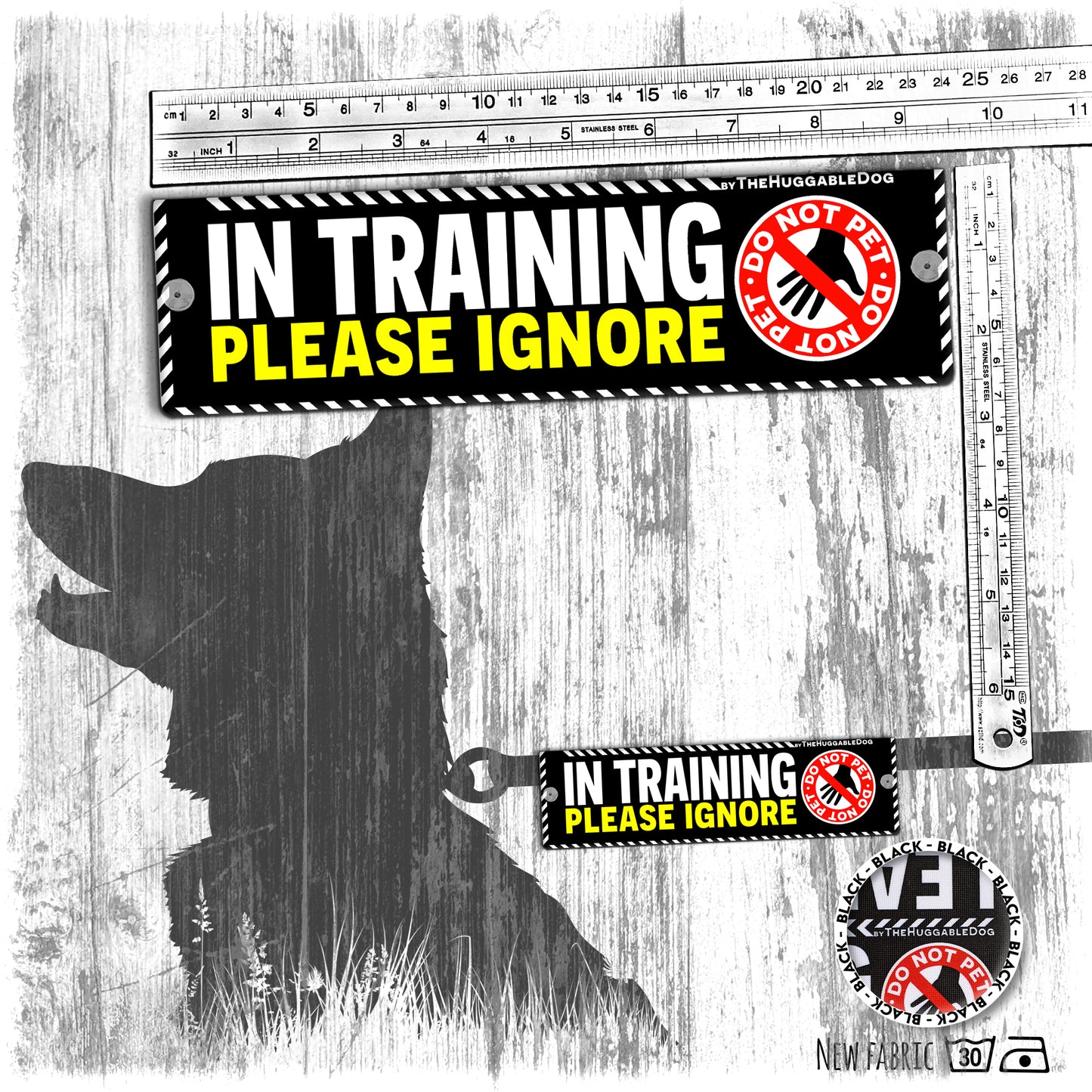 "IN TRAINING, please IGNORE", do not pet. Training Leash sleeves.
