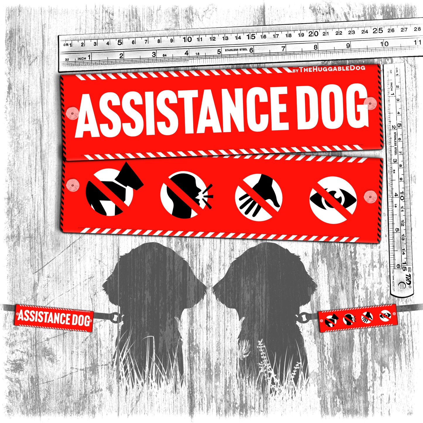 "Assistance Dog", plus signs on the other side. Leash sleeve for assistance dogs.