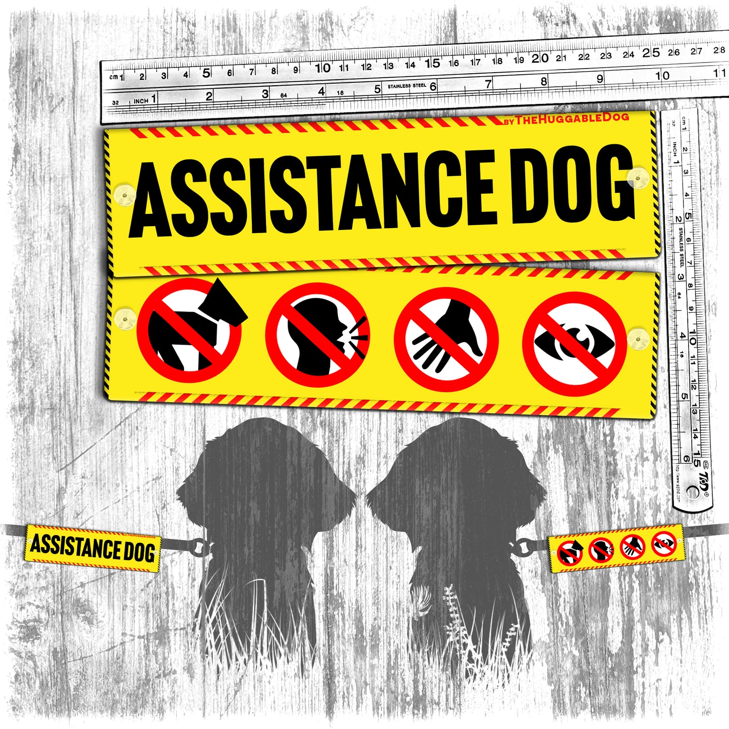 "Assistance Dog", plus signs on the other side. Leash sleeve for assistance dogs.