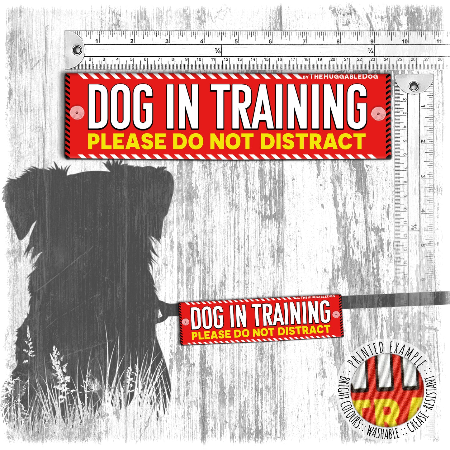 "Dog in TRAINING, do not distract". Leash sleeves for dog training.